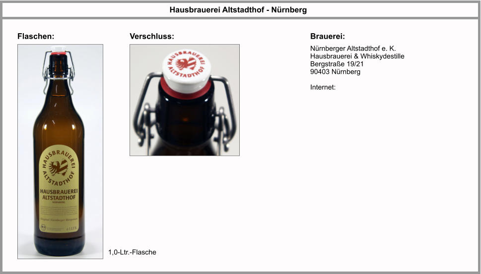 Flaschen: Hausbrauerei Altstadthof - Nürnberg Brauerei: 1,0-Ltr.-Flasche Nürnberger Altstadthof e. K. Hausbrauerei & Whiskydestille Bergstraße 19/21 90403 Nürnberg  Internet:  Verschluss: