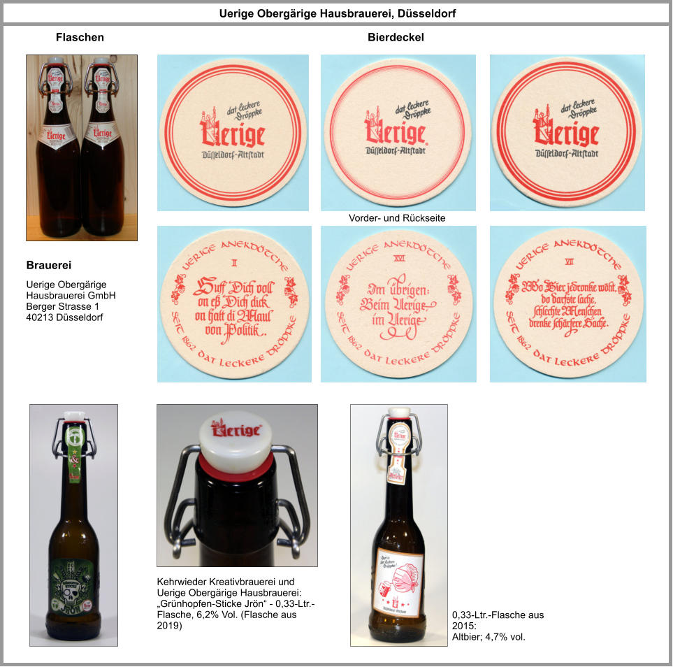 Flaschen Brauerei Uerige Obergärige  Hausbrauerei GmbH Berger Strasse 1 40213 Düsseldorf Uerige Obergärige Hausbrauerei, Düsseldorf Bierdeckel Vorder- und Rückseite Kehrwieder Kreativbrauerei und Uerige Obergärige Hausbrauerei: „Grünhopfen-Sticke Jrön“ - 0,33-Ltr.-Flasche, 6,2% Vol. (Flasche aus 2019) 0,33-Ltr.-Flasche aus 2015: Altbier; 4,7% vol.