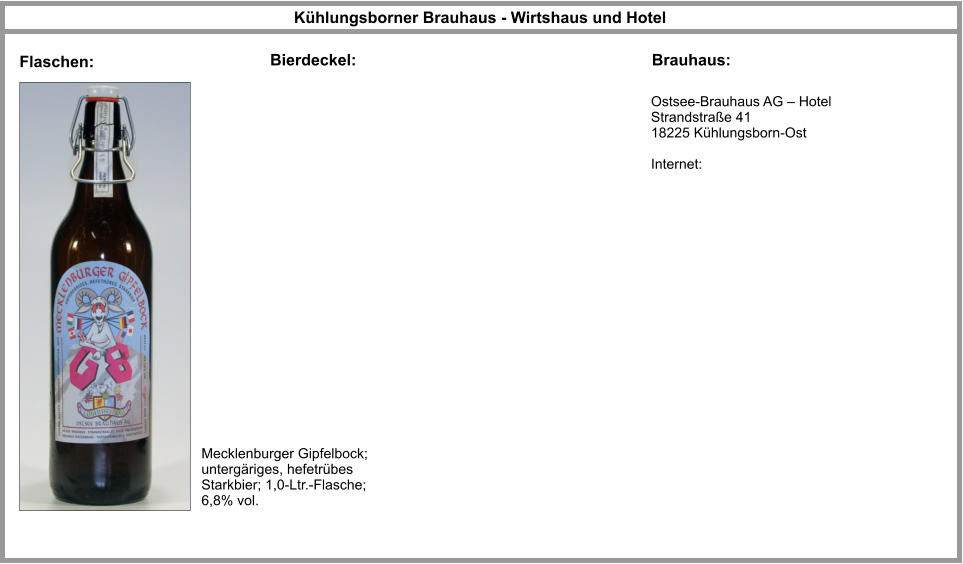 Flaschen: Bierdeckel: Brauhaus: Ostsee-Brauhaus AG – Hotel Strandstraße 41 18225 Kühlungsborn-Ost  Internet: Mecklenburger Gipfelbock; untergäriges, hefetrübes Starkbier; 1,0-Ltr.-Flasche; 6,8% vol. Kühlungsborner Brauhaus - Wirtshaus und Hotel