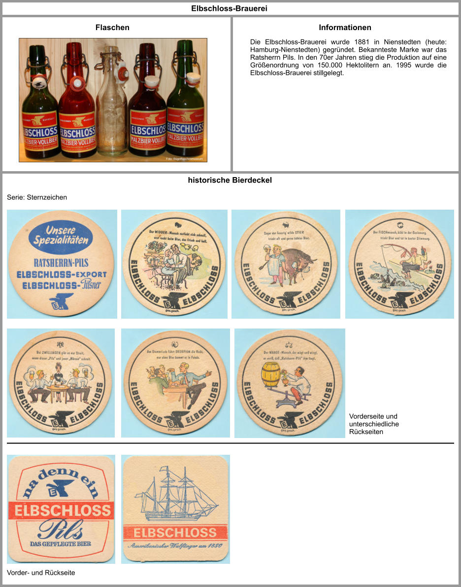 Die Elbschloss-Brauerei wurde 1881 in Nienstedten (heute: Hamburg-Nienstedten) gegründet. Bekannteste Marke war das Ratsherrn Pils. In den 70er Jahren stieg die Produktion auf eine Größenordnung von 150.000 Hektolitern an. 1995 wurde die Elbschloss-Brauerei stillgelegt.  Flaschen Informationen Elbschloss-Brauerei historische Bierdeckel Serie: Sternzeichen Vorderseite und unterschiedliche Rückseiten Vorder- und Rückseite