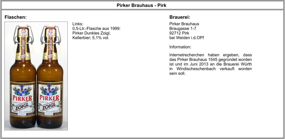 Pirker Brauhaus Braugasse 1-7 92712 Pirk bei Weiden i.d.OPf  Information:  Pirker Brauhaus - Pirk Flaschen: Brauerei: Links: 0,5-Ltr.-Flasche aus 1999: Pirker Dunkles Zoigl, Kellerbier; 5,1% vol. Internetrecherchen haben ergeben, dass das Pirker Brauhaus 1545 gegründet worden ist und im Juni 2013 an die Brauerei Würth in Windischeschenbach verkauft worden sein soll.