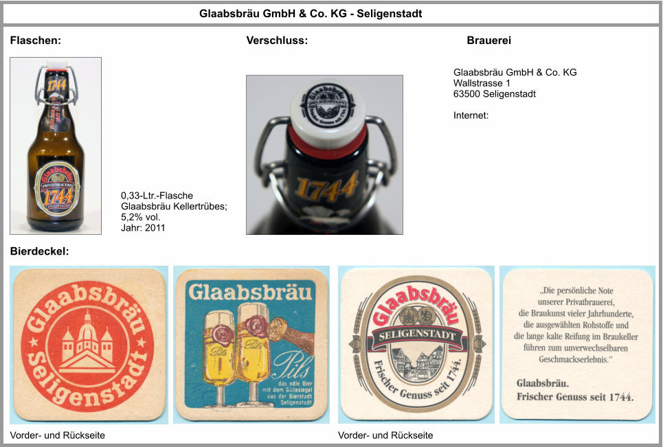 Glaabsbräu GmbH & Co. KG - Seligenstadt 0,33-Ltr.-Flasche Glaabsbräu Kellertrübes; 5,2% vol. Jahr: 2011 Brauerei Flaschen: Glaabsbräu GmbH & Co. KG Wallstrasse 1 63500 Seligenstadt  Internet: Verschluss: Bierdeckel: Vorder- und Rückseite Vorder- und Rückseite