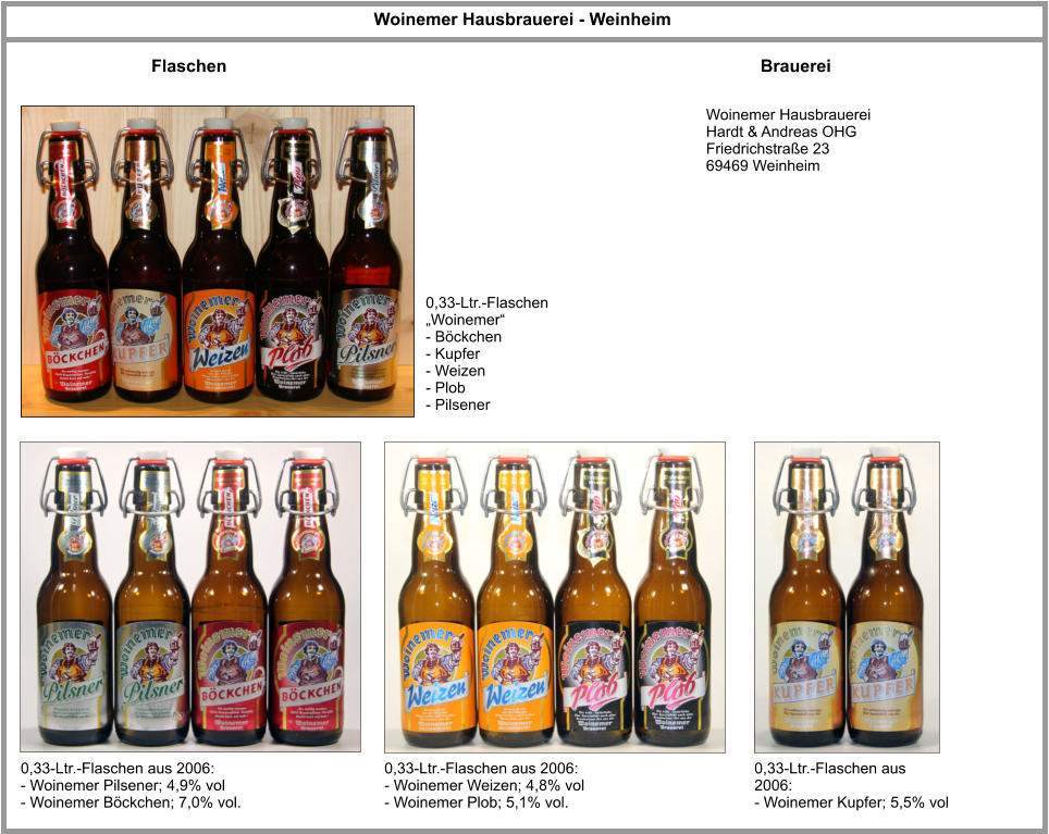 Flaschen Brauerei 0,33-Ltr.-Flaschen „Woinemer“ - Böckchen - Kupfer - Weizen - Plob - Pilsener  Woinemer Hausbrauerei Hardt & Andreas OHG Friedrichstraße 23 69469 Weinheim Woinemer Hausbrauerei - Weinheim 0,33-Ltr.-Flaschen aus 2006: - Woinemer Pilsener; 4,9% vol - Woinemer Böckchen; 7,0% vol. 0,33-Ltr.-Flaschen aus 2006: - Woinemer Weizen; 4,8% vol - Woinemer Plob; 5,1% vol. 0,33-Ltr.-Flaschen aus  2006: - Woinemer Kupfer; 5,5% vol