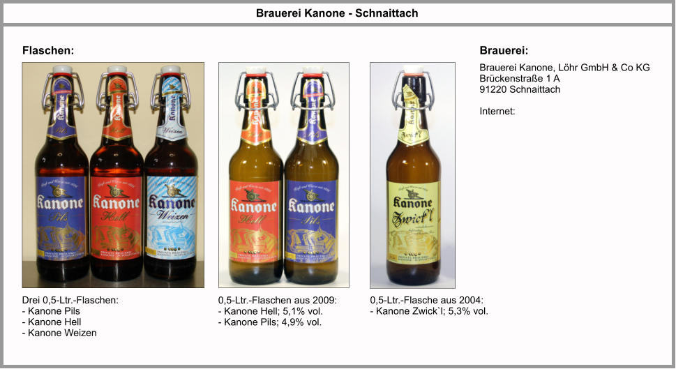 Flaschen: Brauerei Kanone - Schnaittach Brauerei: Drei 0,5-Ltr.-Flaschen: - Kanone Pils - Kanone Hell - Kanone Weizen Brauerei Kanone, Löhr GmbH & Co KG Brückenstraße 1 A  91220 Schnaittach  Internet: 0,5-Ltr.-Flaschen aus 2009: - Kanone Hell; 5,1% vol. - Kanone Pils; 4,9% vol. 0,5-Ltr.-Flasche aus 2004: - Kanone Zwick`l; 5,3% vol.