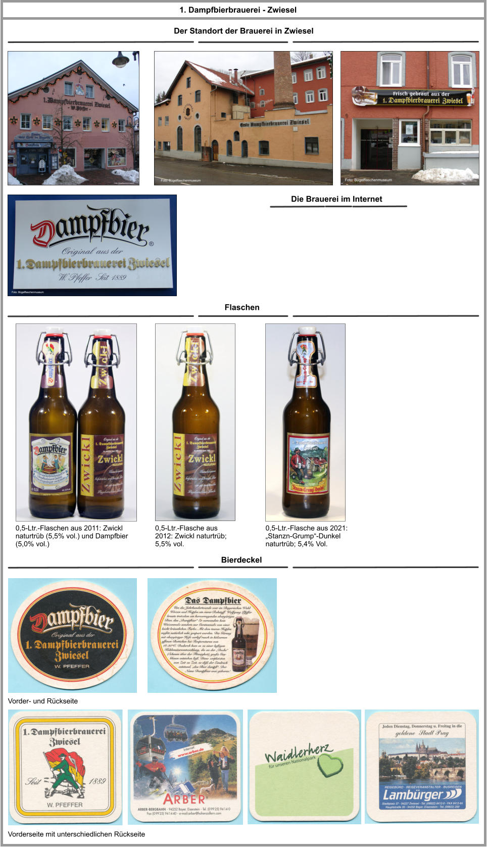 1. Dampfbierbrauerei - Zwiesel Der Standort der Brauerei in Zwiesel Die Brauerei im Internet Flaschen 0,5-Ltr.-Flaschen aus 2011: Zwickl naturtrüb (5,5% vol.) und Dampfbier (5,0% vol.)  Bierdeckel Vorder- und Rückseite Vorderseite mit unterschiedlichen Rückseite 0,5-Ltr.-Flasche aus 2012: Zwickl naturtrüb; 5,5% vol. 0,5-Ltr.-Flasche aus 2021: „Stanzn-Grump“-Dunkel naturtrüb; 5,4% Vol.