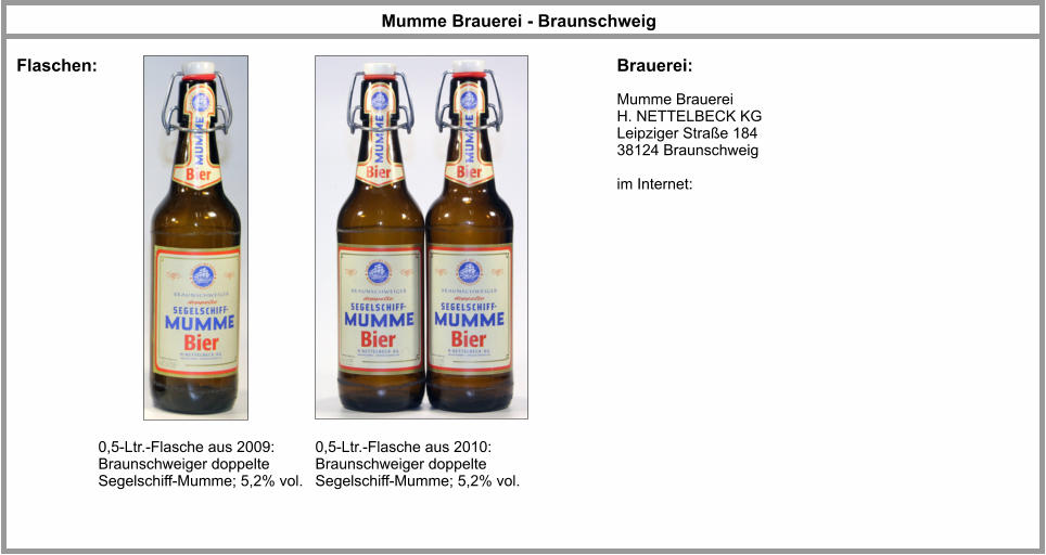 Mumme Brauerei - Braunschweig Flaschen: Brauerei: Mumme Brauerei H. NETTELBECK KG Leipziger Straße 184 38124 Braunschweig  im Internet: 0,5-Ltr.-Flasche aus 2009: Braunschweiger doppelte Segelschiff-Mumme; 5,2% vol. 0,5-Ltr.-Flasche aus 2010: Braunschweiger doppelte Segelschiff-Mumme; 5,2% vol.