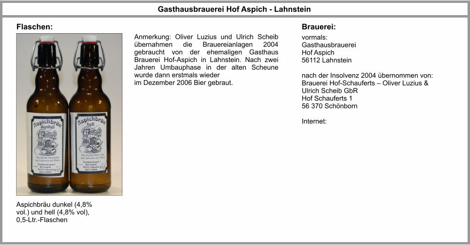 Aspichbräu dunkel (4,8% vol.) und hell (4,8% vol), 0,5-Ltr.-Flaschen vormals: Gasthausbrauerei  Hof Aspich 56112 Lahnstein  nach der Insolvenz 2004 übernommen von: Brauerei Hof-Schauferts – Oliver Luzius & Ulrich Scheib GbR Hof Schauferts 1 56 370 Schönborn  Internet: Brauerei: Flaschen: Gasthausbrauerei Hof Aspich - Lahnstein Anmerkung: Oliver Luzius und Ulrich Scheib übernahmen die Brauereianlagen 2004 gebraucht von der ehemaligen Gasthaus Brauerei Hof-Aspich in Lahnstein. Nach zwei Jahren Umbauphase in der alten Scheune wurde dann erstmals wieder  im Dezember 2006 Bier gebraut.