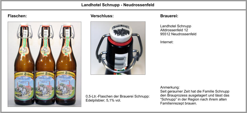 Landhotel Schnupp - Neudrossenfeld Flaschen: Brauerei: Landhotel Schnupp Altdrossenfeld 12 95512 Neudrossenfeld  Internet: 0,5-Ltr.-Flaschen der Brauerei Schnupp: Edelpilsbier; 5,1% vol. Verschluss: Anmerkung:  Seit geraumer Zeit hat die Familie Schnupp den Brauprozess ausgelagert und lässt das “Schnupp” in der Region nach ihrem alten Familienrezept brauen.