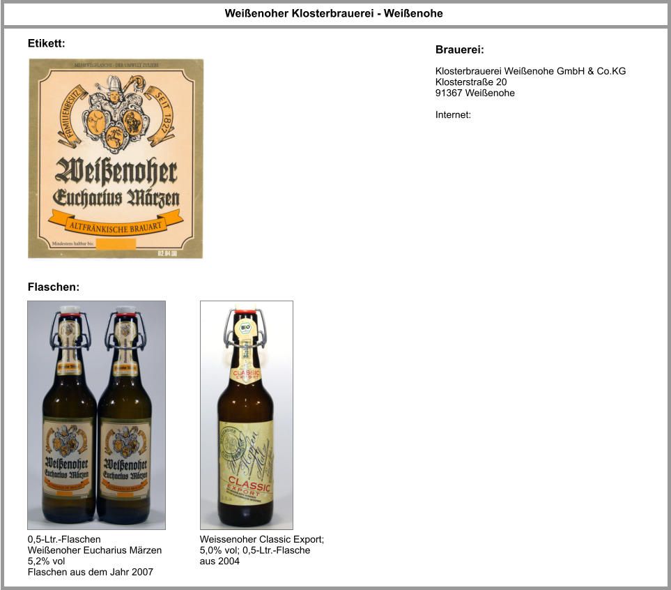 Weißenoher Klosterbrauerei - Weißenohe Flaschen: Brauerei: Klosterbrauerei Weißenohe GmbH & Co.KG Klosterstraße 20 91367 Weißenohe  Internet: 0,5-Ltr.-Flaschen Weißenoher Eucharius Märzen 5,2% vol Flaschen aus dem Jahr 2007 Etikett: Weissenoher Classic Export; 5,0% vol; 0,5-Ltr.-Flasche aus 2004