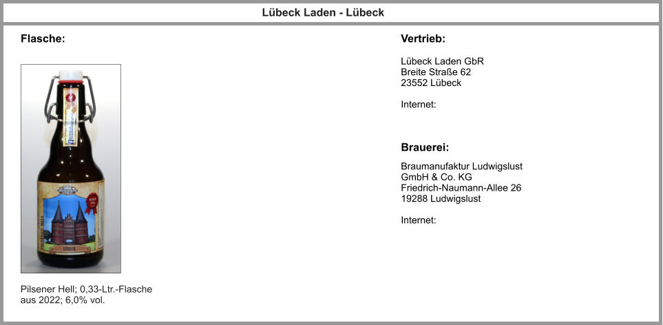 Flasche: Vertrieb: Lübeck Laden - Lübeck Lübeck Laden GbR Breite Straße 62 23552 Lübeck  Internet: Brauerei: Braumanufaktur Ludwigslust GmbH & Co. KG Friedrich-Naumann-Allee 26 19288 Ludwigslust  Internet: Pilsener Hell; 0,33-Ltr.-Flasche aus 2022; 6,0% vol.