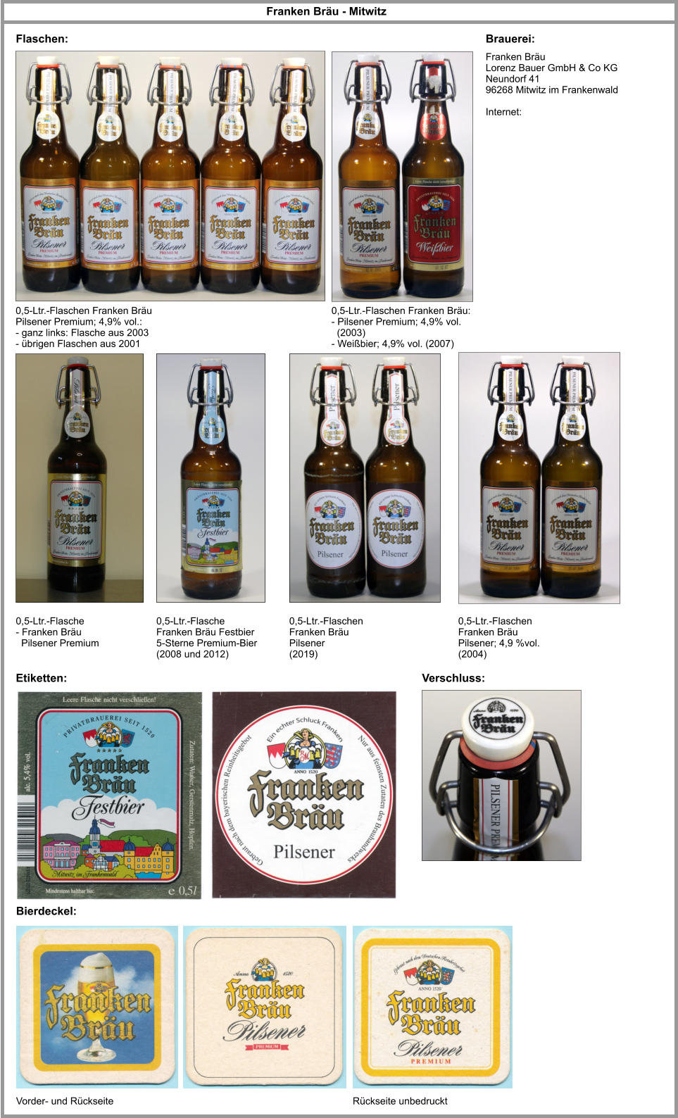 Franken Bräu Lorenz Bauer GmbH & Co KG Neundorf 41 96268 Mitwitz im Frankenwald  Internet: Franken Bräu - Mitwitz Flaschen: Bierdeckel: Brauerei: Vorder- und Rückseite 0,5-Ltr.-Flasche - Franken Bräu    Pilsener Premium Rückseite unbedruckt 0,5-Ltr.-Flasche Franken Bräu Festbier 5-Sterne Premium-Bier  (2008 und 2012) 0,5-Ltr.-Flaschen Franken Bräu  Pilsener   (2019) Etiketten: 0,5-Ltr.-Flaschen Franken Bräu  Pilsener; 4,9 %vol.  (2004) 0,5-Ltr.-Flaschen Franken Bräu Pilsener Premium; 4,9% vol.: - ganz links: Flasche aus 2003 - übrigen Flaschen aus 2001 Verschluss: 0,5-Ltr.-Flaschen Franken Bräu:  - Pilsener Premium; 4,9% vol.    (2003) - Weißbier; 4,9% vol. (2007)