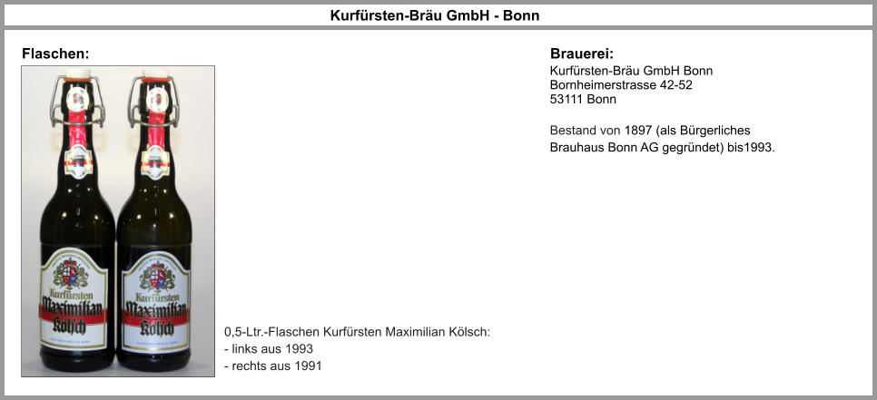 Kurfürsten-Bräu GmbH - Bonn Brauerei: Kurfürsten-Bräu GmbH Bonn Bornheimerstrasse 42-52 53111 Bonn  Bestand von 1897 (als Bürgerliches Brauhaus Bonn AG gegründet) bis1993.  Flaschen: 0,5-Ltr.-Flaschen Kurfürsten Maximilian Kölsch: - links aus 1993 - rechts aus 1991