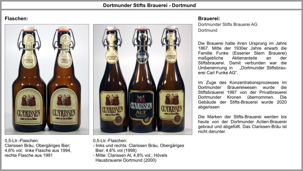 Dortmunder Stifts Brauerei - Dortmund Brauerei: Dortmunder Stifts Brauerei AG Dortmund   0,5-Ltr.-Flaschen: Clarissen Bräu, Obergäriges Bier; 4,6% vol;  linke Flasche aus 1994, rechte Flasche aus 1991  Flaschen: Die Brauerei hatte ihren Ursprung im Jahre 1867. Mitte der 1930er Jahre erwarb die Familie Funke (Essener Stern Brauerei) maßgebliche Aktienanteile an der Stiftsbrauerei. Damit verbunden war die Umbenennung in   „Dortmunder Stiftsbrau-erei Carl Funke AG“.  Im Zuge des Konzentrationsprozesses im Dortmunder Brauereiwesen wurde die Stiftsbrauerei 1987 von der Privatbrauerei Dortmunder Kronen übernommen. Die Gebäude der Stifts-Brauerei wurde 2020 abgerissen  Die Marken der Stifts-Brauerei werden bis heute von der Dortmunder Actien-Brauerei gebraut und abgefüllt. Das Clarissen-Bräu ist nicht darunter. 0,5-Ltr.-Flaschen: - links und rechts: Clarissen Bräu, Obergäriges   Bier; 4,6% vol (1998) - Mitte: Clarissen Al; 4,8% vol.; Hövels    Hausbrauerei Dortmund (2000)
