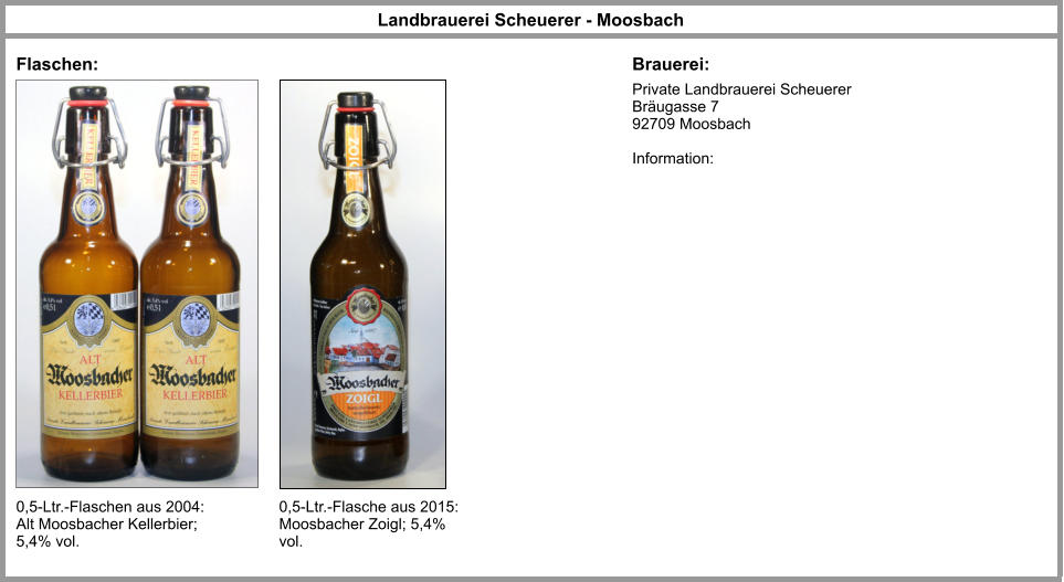 Private Landbrauerei Scheuerer Bräugasse 7 92709 Moosbach  Information:  Landbrauerei Scheuerer - Moosbach Flaschen: Brauerei: 0,5-Ltr.-Flaschen aus 2004: Alt Moosbacher Kellerbier; 5,4% vol. 0,5-Ltr.-Flasche aus 2015: Moosbacher Zoigl; 5,4% vol.