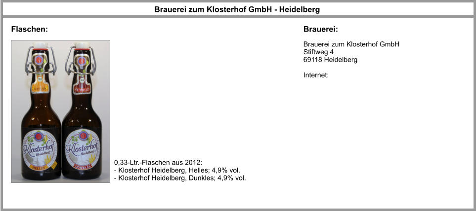 Flaschen: Brauerei zum Klosterhof GmbH Stiftweg 4   69118 Heidelberg  Internet: Brauerei zum Klosterhof GmbH - Heidelberg Brauerei: 0,33-Ltr.-Flaschen aus 2012:  - Klosterhof Heidelberg, Helles; 4,9% vol. - Klosterhof Heidelberg, Dunkles; 4,9% vol.