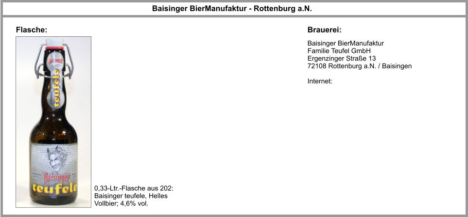 Baisinger BierManufaktur  Familie Teufel GmbH Ergenzinger Straße 13 72108 Rottenburg a.N. / Baisingen   Internet: Baisinger BierManufaktur - Rottenburg a.N.  Brauerei: Flasche: 0,33-Ltr.-Flasche aus 202: Baisinger teufele, Helles Vollbier; 4,6% vol.