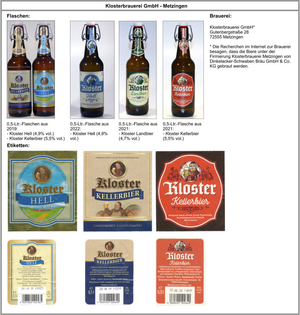 Flaschen: Klosterbrauerei GmbH - Metzingen Brauerei: Klosterbrauerei GmbH* Gutenbergstraße 28 72555 Metzingen  * Die Recherchen im Internet zur Brauerei besagen, dass die Biere unter der Firmierung Klosterbrauerei Metzingen von Dinkelacker-Schwaben Bräu GmbH & Co. KG gebraut werden. 0,5-Ltr.-Flaschen aus 2019: - Kloster Hell (4,9% vol.) - Kloster Kellerbier (5,5% vol.) Etiketten: 0,5-Ltr.-Flasche aus 2021: - Kloster Landbier (4,7% vol.) 0,5-Ltr.-Flasche aus 2021: - Kloster Kellerbier (5,5% vol.) 0,5-Ltr.-Flasche aus 2022: - Kloster Hell (4,9% vol.)