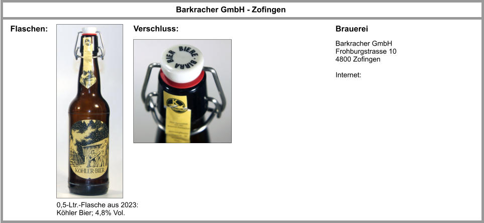 0,5-Ltr.-Flasche aus 2023: Köhler Bier; 4,8% Vol. Barkracher GmbH Frohburgstrasse 10 4800 Zofingen  Internet: Barkracher GmbH - Zofingen Brauerei Flaschen: Verschluss: