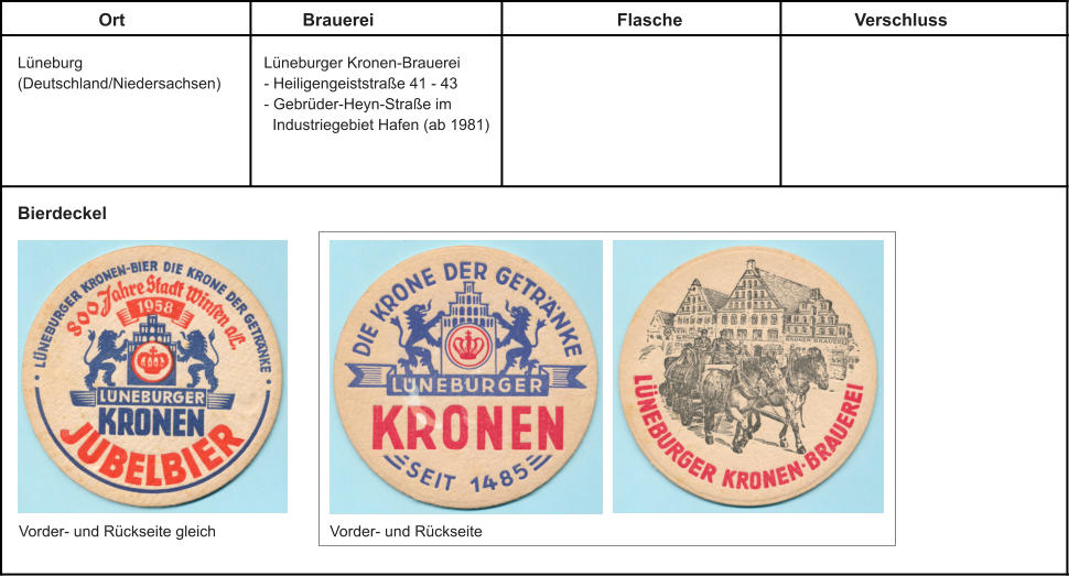 Ort Brauerei Flasche Verschluss Lüneburg (Deutschland/Niedersachsen) Lüneburger Kronen-Brauerei  - Heiligengeiststraße 41 - 43 - Gebrüder-Heyn-Straße im    Industriegebiet Hafen (ab 1981) Bierdeckel Vorder- und Rückseite gleich Vorder- und Rückseite