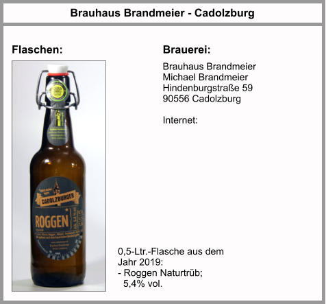 Flaschen:  Brauhaus Brandmeier - Cadolzburg Brauerei: Brauhaus Brandmeier Michael Brandmeier Hindenburgstraße 59 90556 Cadolzburg  Internet:  0,5-Ltr.-Flasche aus dem Jahr 2019: - Roggen Naturtrüb;    5,4% vol.