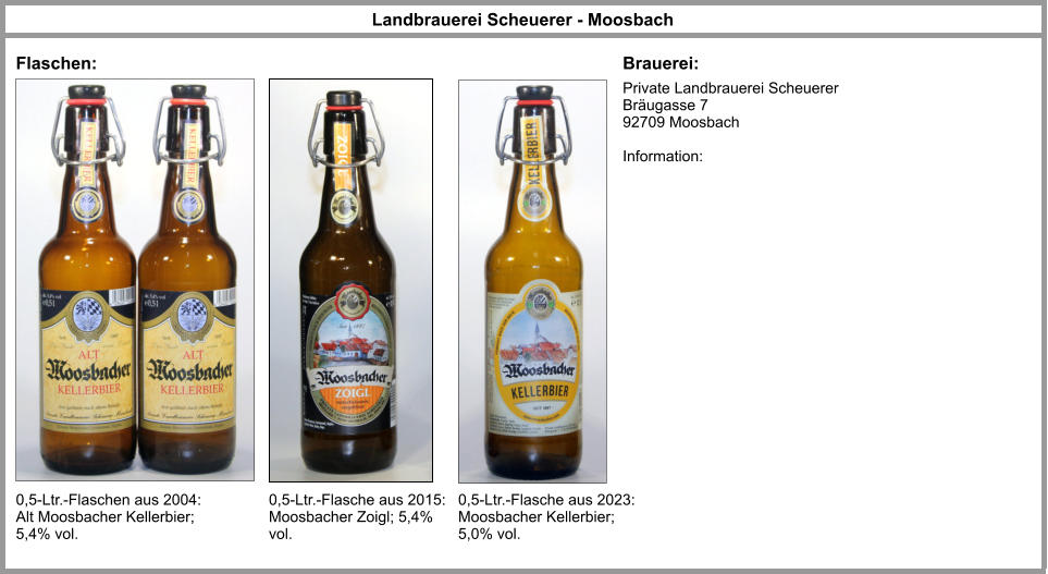 Private Landbrauerei Scheuerer Bräugasse 7 92709 Moosbach  Information:  Landbrauerei Scheuerer - Moosbach Flaschen: Brauerei: 0,5-Ltr.-Flaschen aus 2004: Alt Moosbacher Kellerbier; 5,4% vol. 0,5-Ltr.-Flasche aus 2015: Moosbacher Zoigl; 5,4% vol. 0,5-Ltr.-Flasche aus 2023: Moosbacher Kellerbier; 5,0% vol.
