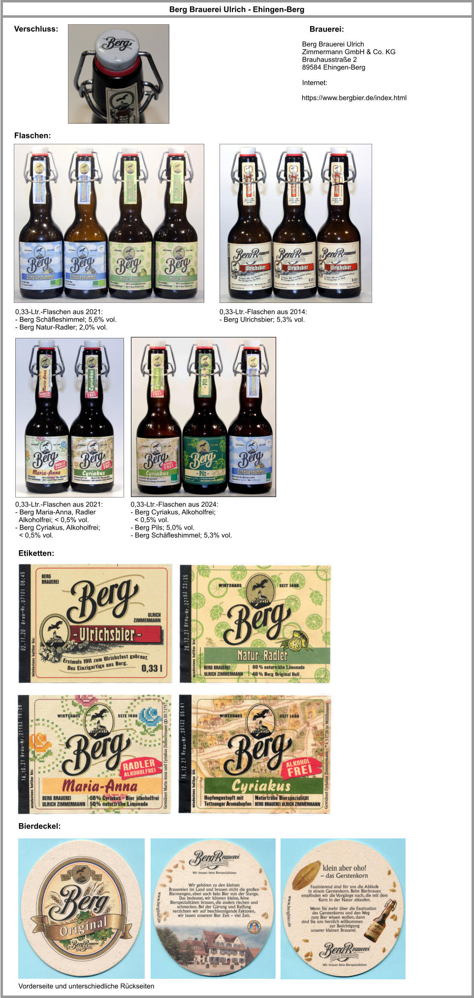 Flaschen: Berg Brauerei Ulrich Zimmermann GmbH & Co. KG Brauhausstraße 2 89584 Ehingen-Berg  Internet: Berg Brauerei Ulrich - Ehingen-Berg Brauerei: Verschluss: Etiketten: 0,33-Ltr.-Flaschen aus 2021: - Berg Schäfleshimmel; 5,6% vol. - Berg Natur-Radler; 2,0% vol. 0,33-Ltr.-Flaschen aus 2021: - Berg Maria-Anna, Radler    Alkoholfrei; < 0,5% vol. - Berg Cyriakus, Alkoholfrei;    < 0,5% vol. Bierdeckel: Vorderseite und unterschiedliche Rückseiten 0,33-Ltr.-Flaschen aus 2014: - Berg Ulrichsbier; 5,3% vol. https://www.bergbier.de/index.html 0,33-Ltr.-Flaschen aus 2024: - Berg Cyriakus, Alkoholfrei;    < 0,5% vol. - Berg Pils; 5,0% vol. - Berg Schäfleshimmel; 5,3% vol.